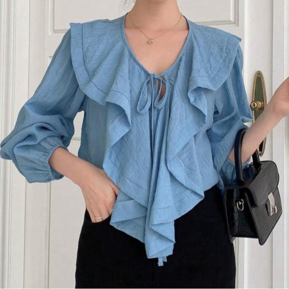 Ruffle trim lantern sleeves blouse size small